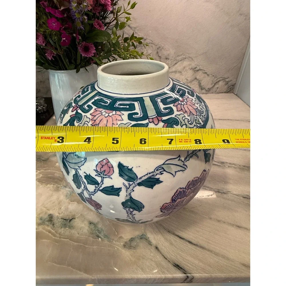 Vintage Chinoiserie Floral Ceramic Ginger Jar Vase Pink Teal Peony‎ 9 Inch